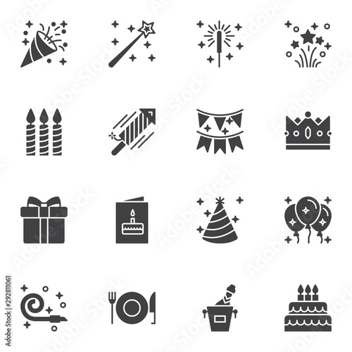 Party decoration vector icons set, modern solid symbol collection, filled style pictogram pack. Signs, logo illustration. Set includes icons as popper, fireworks, invitation card, flag, party balloons