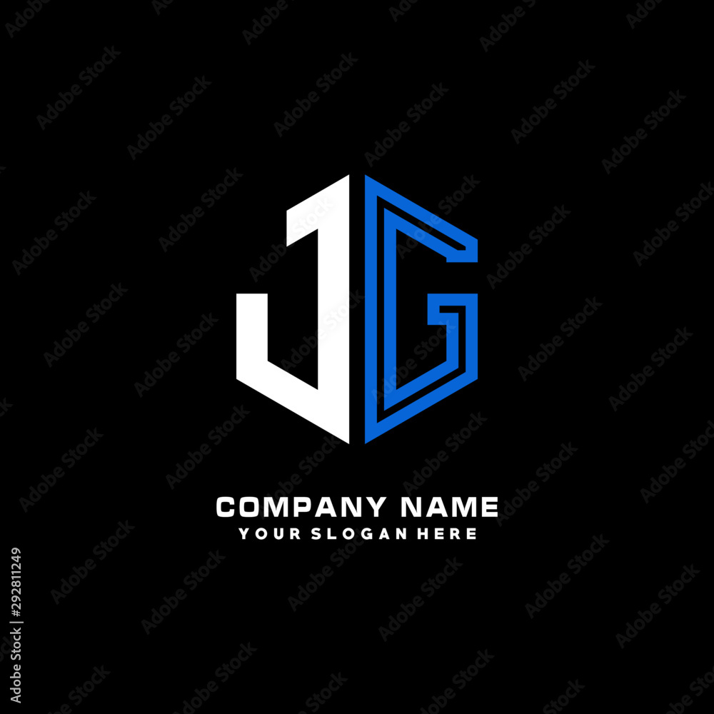 Fototapeta premium Initial letter JG minimalist line art hexagon shape logo. color blue,white,black background
