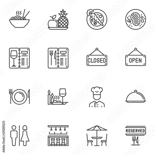 Restaurant line icons set. linear style symbols collection, outline signs pack. vector graphics. Set includes icons as food and drinks menu, restaurant tray, bar counter, reserved, open, closed, table