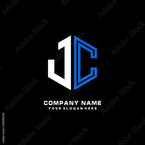 Initial letter JC minimalist line art hexagon shape logo. color blue,white,black background
