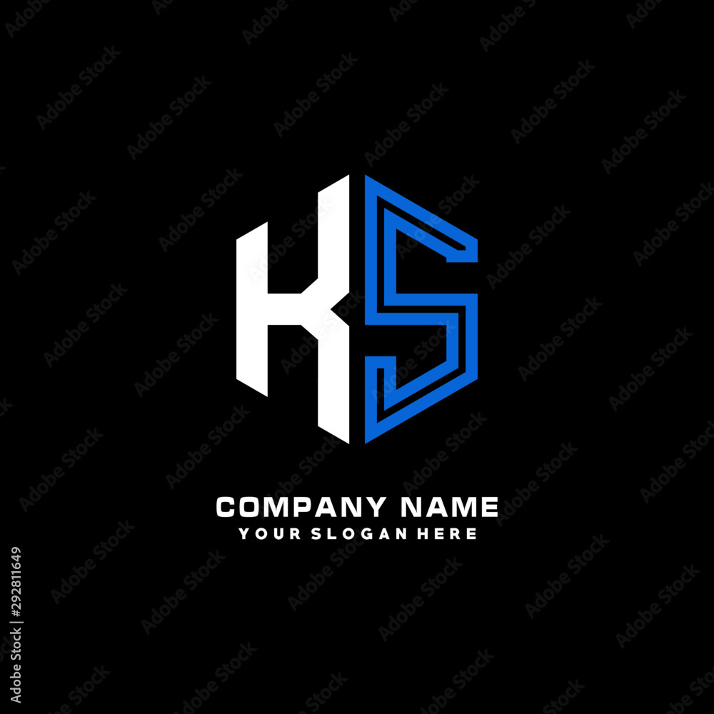 Initial letter KS minimalist line art hexagon shape logo. color blue,white,black background Initial letter KS minimalist line art hexagon shape logo. color blue,white,black background
