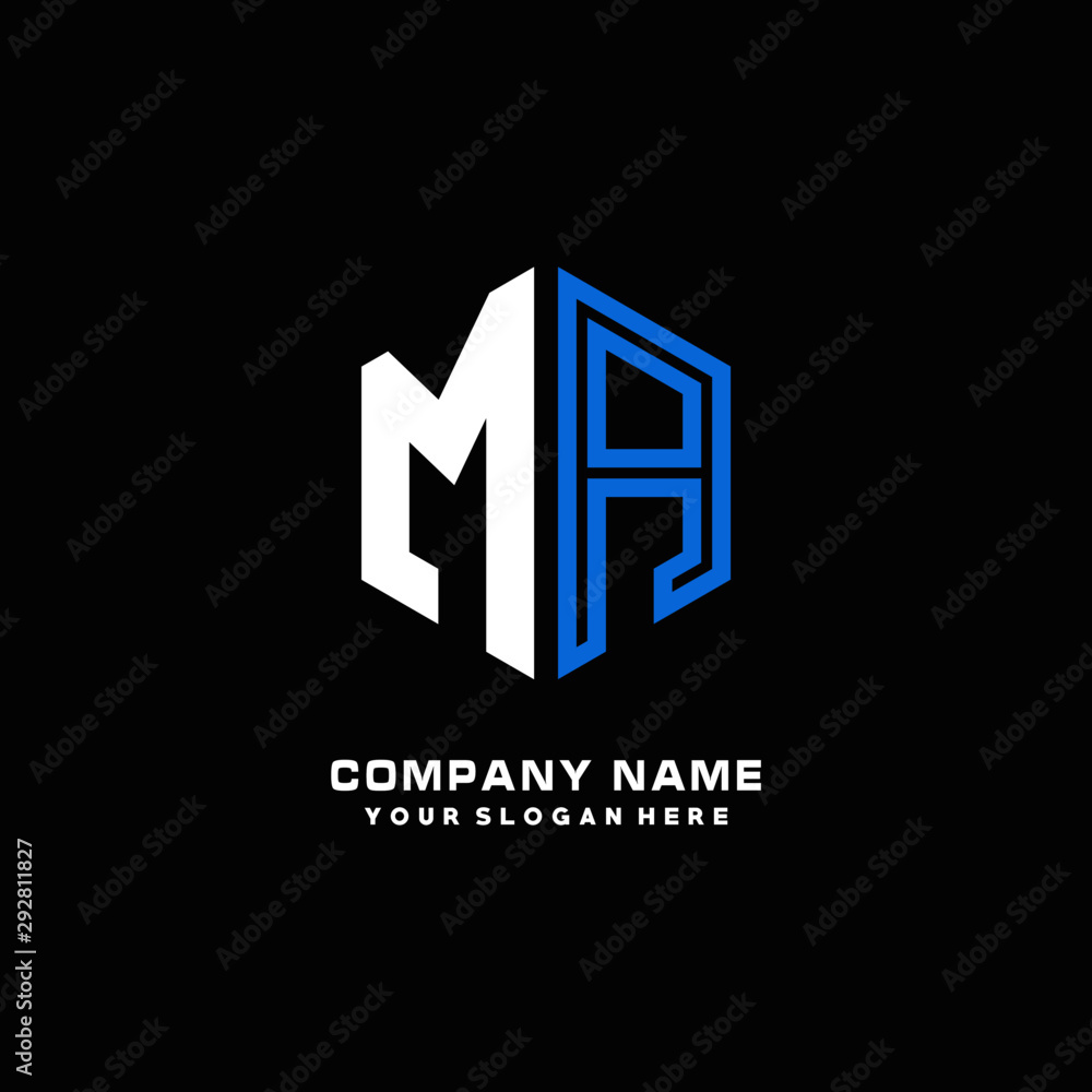 Initial letter MA minimalist line art hexagon shape logo. color blue,white,black background Initial letter MA minimalist line art hexagon shape logo. color blue,white,black background