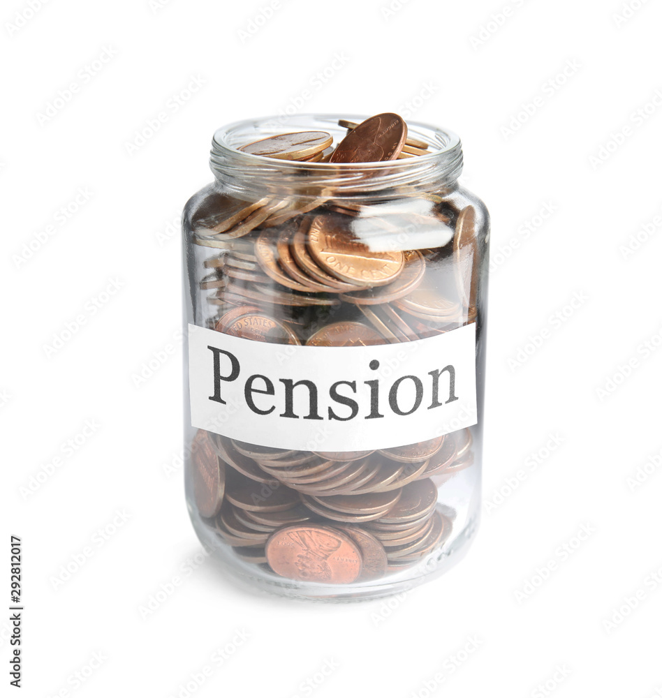 Glass jar with label PENSION and coins isolated on white Glass jar with label PENSION and coins isolated on white