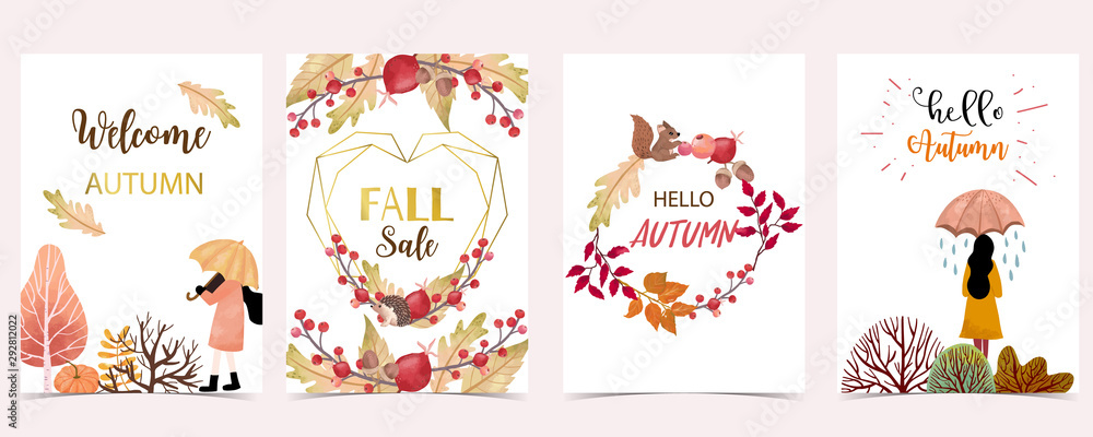 Collection of autumn background set with leaves,maple,woman,wreath and website banner