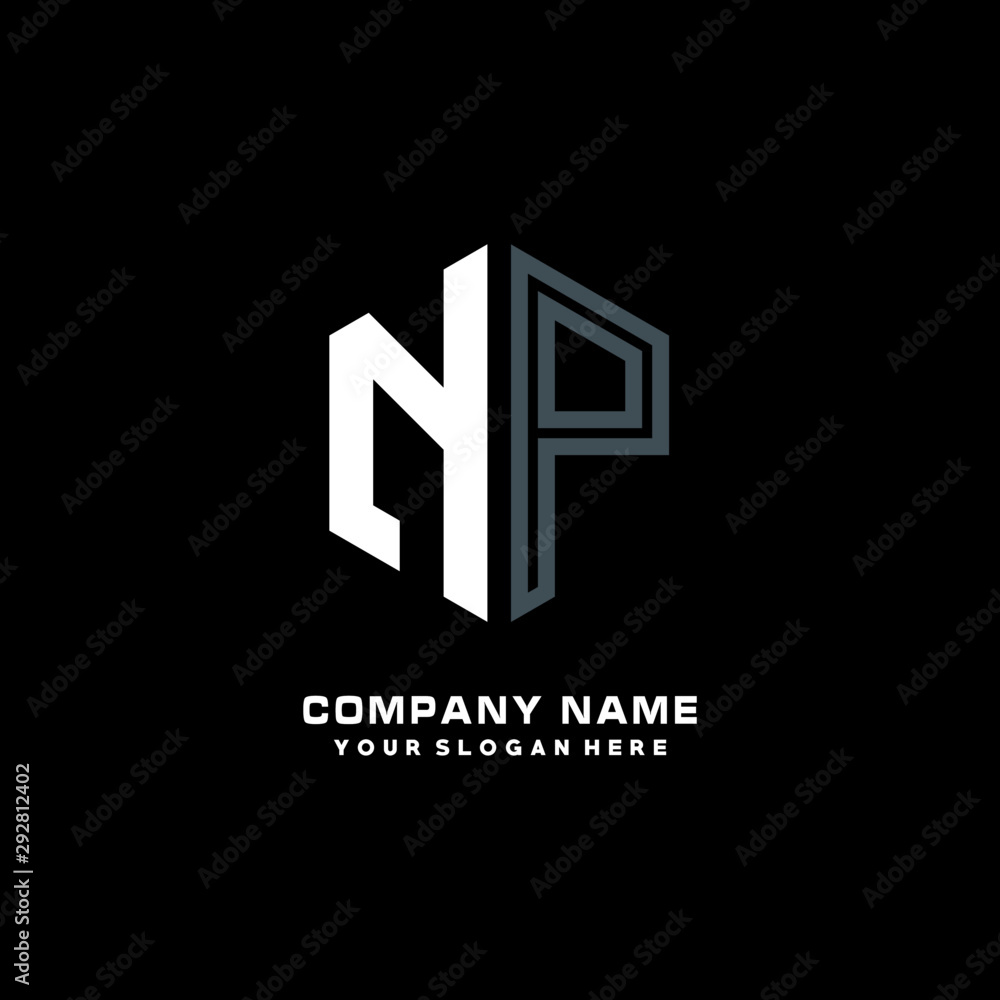 Initial letter NP minimalist line art hexagon shape logo. color blue,white,black background Initial letter NP minimalist line art hexagon shape logo. color blue,white,black background