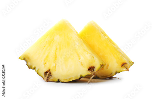 Slices of tasty juicy pineapple on white background