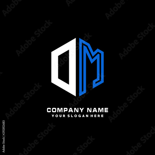 Initial letter OM minimalist line art hexagon shape logo. color  blue,white,black background
