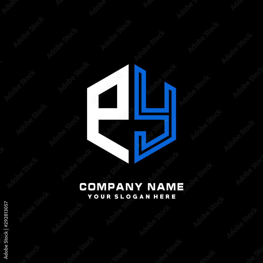 Obraz premium Initial letter PY minimalist line art hexagon shape logo. color blue,white,black background