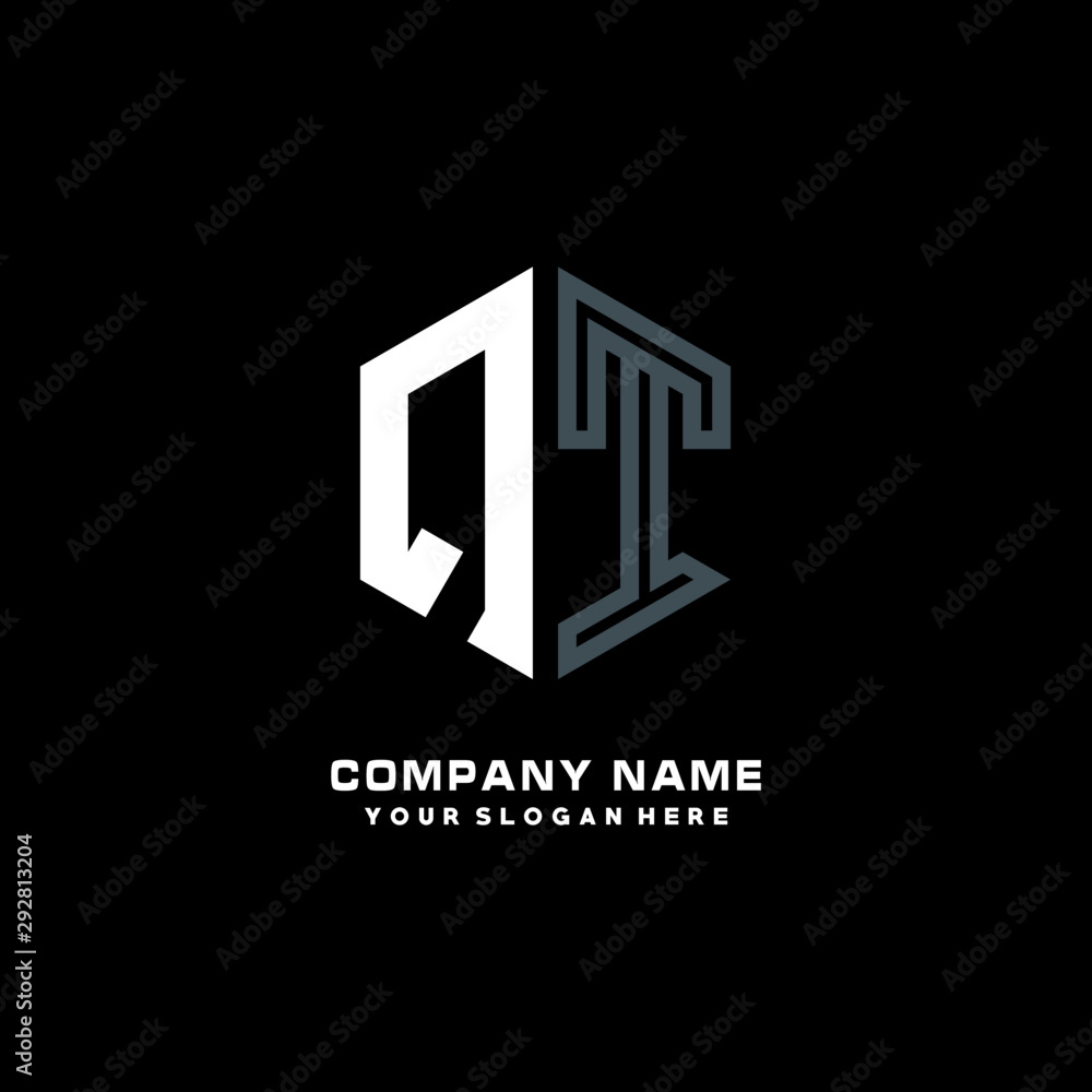 Initial letter QT minimalist line art hexagon shape logo. color  blue,white,black background