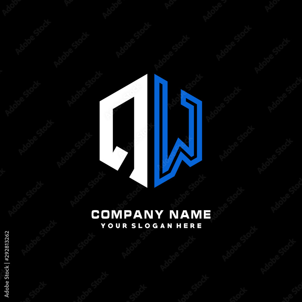Fototapeta premium Initial letter QW minimalist line art hexagon shape logo. color blue,white,black background