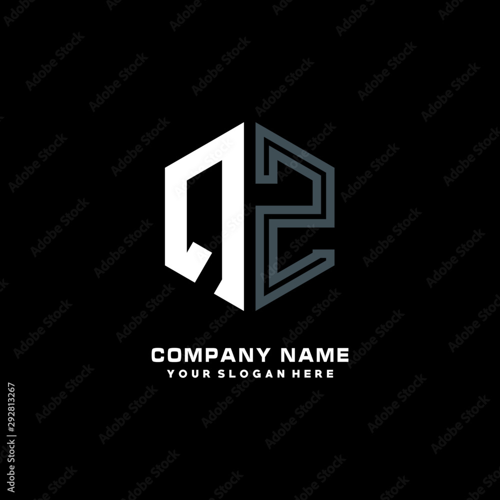 Initial letter QZ minimalist line art hexagon shape logo. color blue,white,black background Initial letter QZ minimalist line art hexagon shape logo. color blue,white,black background