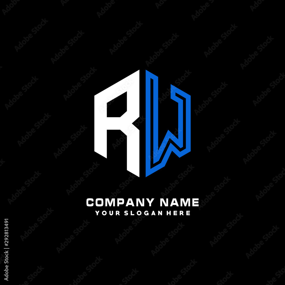 Initial letter RW minimalist line art hexagon shape logo. color blue,white,black background Initial letter RW minimalist line art hexagon shape logo. color blue,white,black background