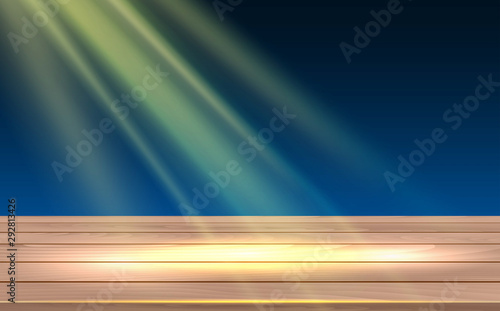 wooden table with light in the dark room