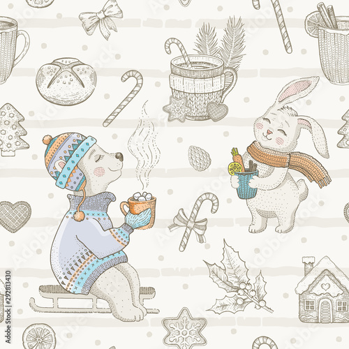 Christmas cute animal seamless pattern. Doodle bear, rabbit. Retro winter drink cup. Hand drawn sketch background. Xmas isolated vector illustration. Wrapping paper, child packaging, kid fabric print