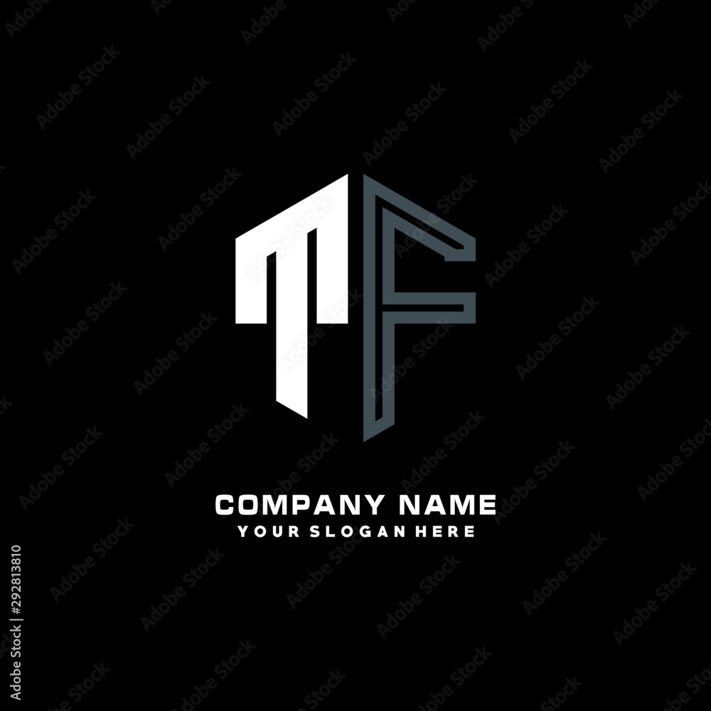 Obraz premium Initial letter TF minimalist line art hexagon shape logo. color blue,white,black background