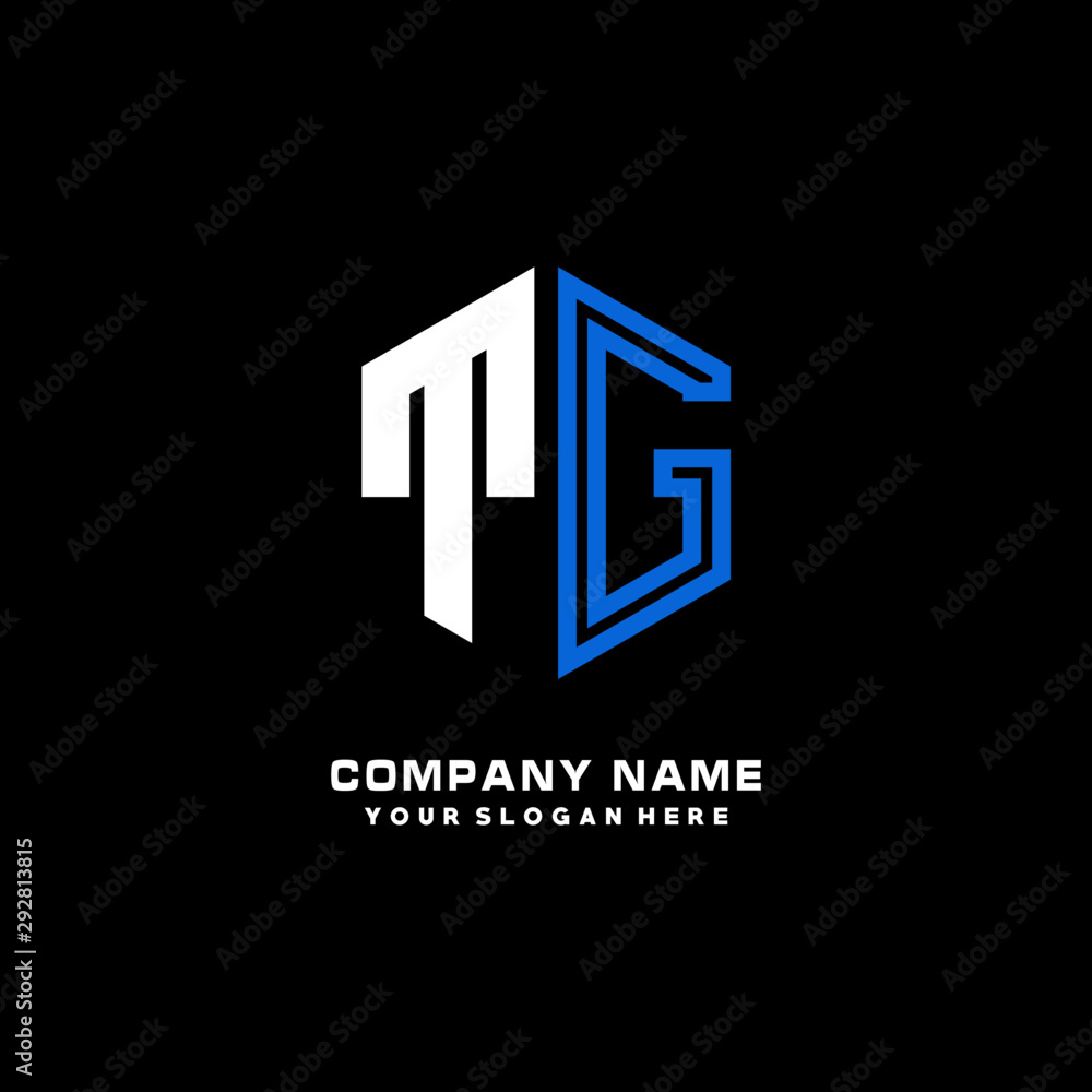 Fototapeta premium Initial letter TG minimalist line art hexagon shape logo. color blue,white,black background