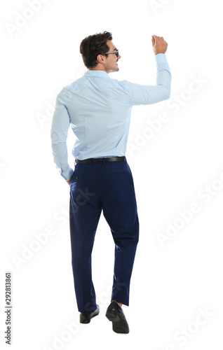 Young male teacher with glasses on white background