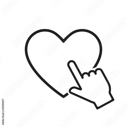 Hand pointer on heart icon in linear style. Hand clicking linear icon. White hand cursor pointer icon. Click here vector web button.