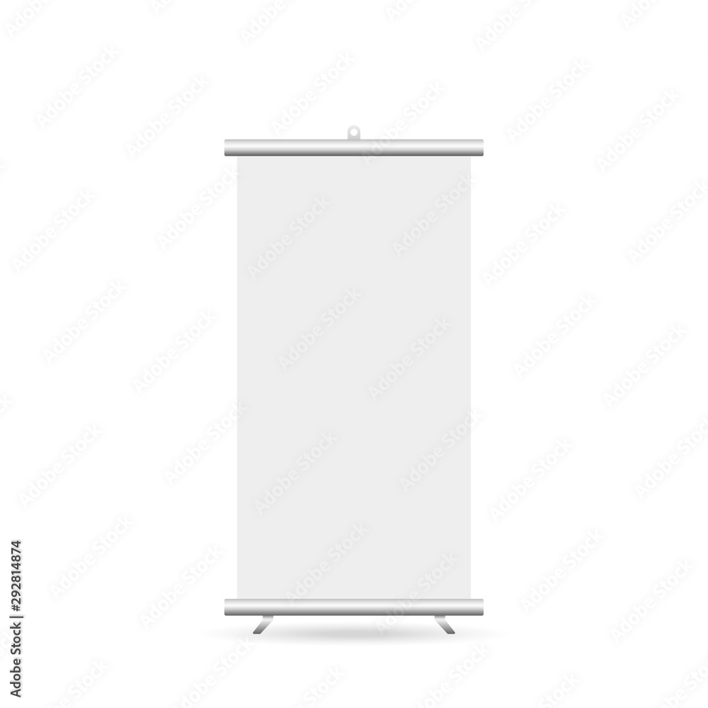 Roll up 3d ad banner on white background. Blank roll up banner stand. Mock up, template. Empty advertising poster. Presentation template design. Product advertising. Roll up 3d ad banner on white background. Blank roll up banner stand. Mock up, template. Empty advertising poster. Presentation template design. Product advertising.