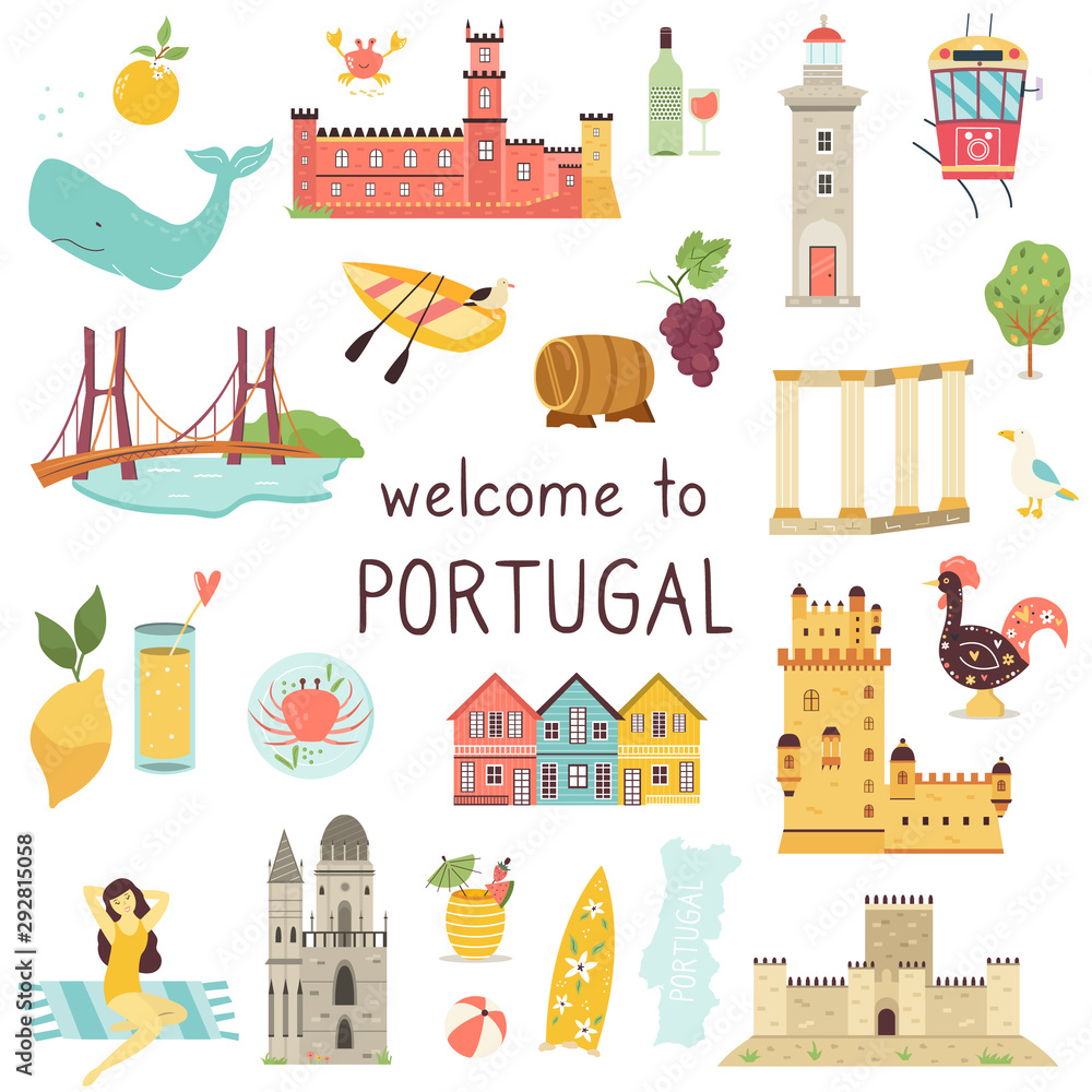 Set of Portuguese icons landmarks elements animals