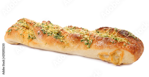 Tasty homemade garlic bread with cheese and herbs on white background