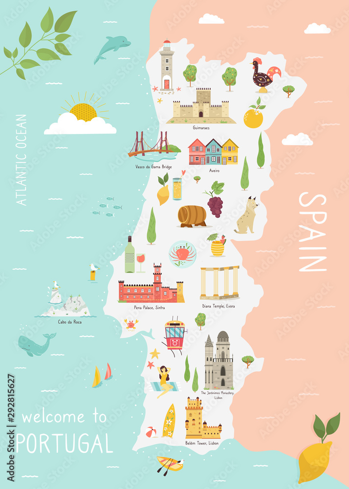 Colorful Portugal map with regions and main cities. Vector illustration.  24398585 Vector Art at Vecteezy