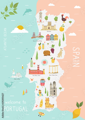 Fototapeta Illustrated map of Portugal with icons, cities