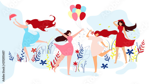 Girls Group in Dresses Spending Time on Lawn.
