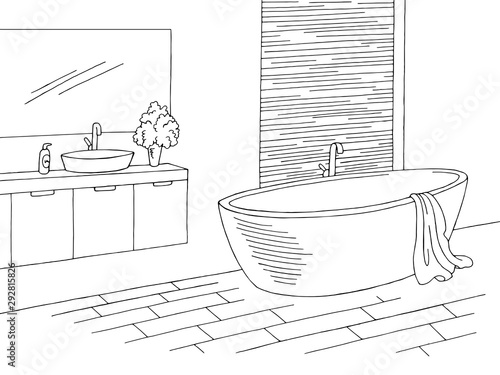 Bathroom graphic home interior black white sketch illustration vector