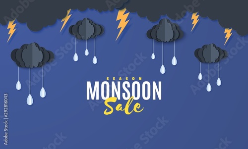 Clouds and raindrops hang on a rope in the style of paper cut. Vector stormy weather concept with raindrops of water falling from a thunderstorm from a cloudy night sky. Monsoon sale banner template