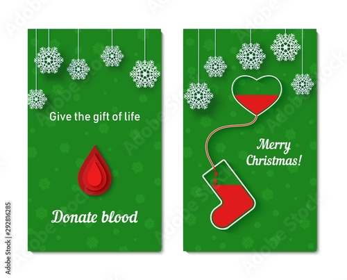 Red drops of blood flow from the heart into vessel in the shape of Christmas sock with snowflakes on rope.. Set of vector Thank you card in paper cut style. Blood transfusion creative poster concept.