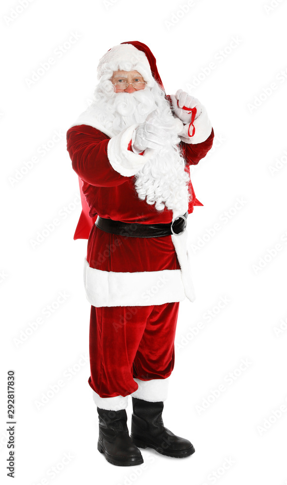 Authentic Santa Claus with bag full of gifts on white background Authentic Santa Claus with bag full of gifts on white background