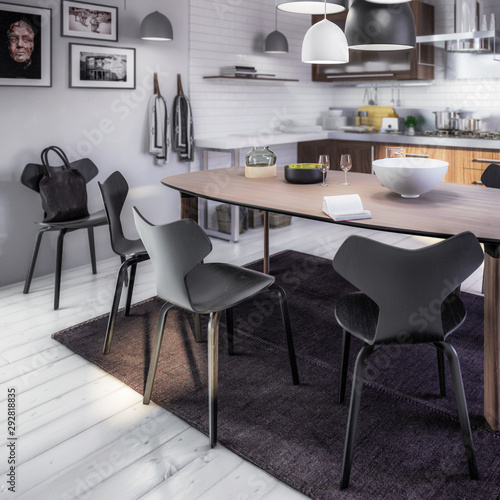 Contemporary Kitchen Area with Dining Room Integration (focused) - 3d visualization © 4th Life Photography