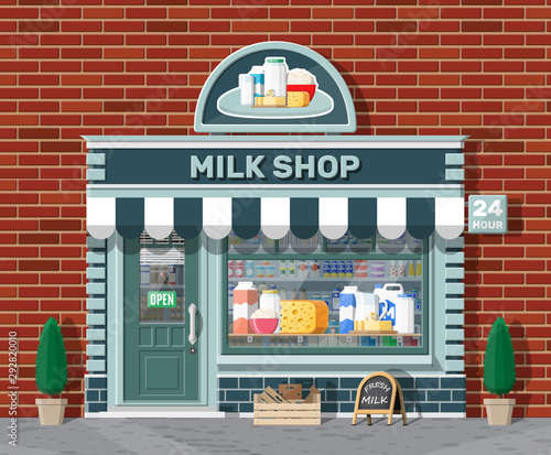 Dairy store or milk shop with signboard, awning. Store facade with storefront. Farmer shop, showcase counter. Milk cheese yogurt butter sour cream cottage cream farm products. Flat vector illustration