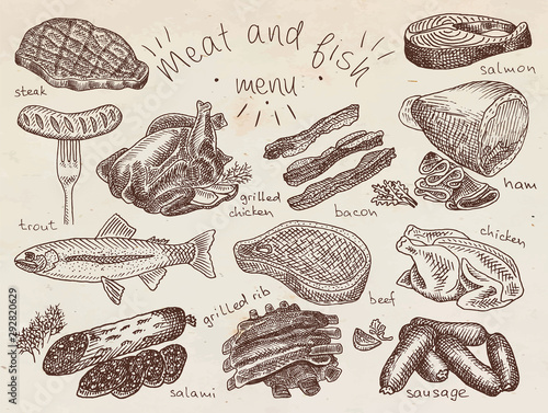 Meat, fish, menu, steak, trout, salami, ribs, grilled ribs, grilled chicken,   sausage, chicken, beef, bacon, ham, salmon, salmon steak, herbs