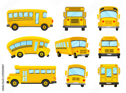 The Set Of Vector Illustrations Of Nine Bright Yellow School Buses