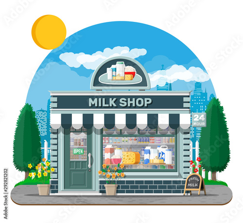 Dairy store or milk shop with signboard, awning. Store facade with storefront. Farmer shop, showcase counter. Milk cheese yogurt butter sour cream. Nature outdoor cityscape. Flat vector illustration