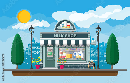 Dairy store or milk shop with signboard, awning. Store facade with storefront. Farmer shop, showcase counter. Milk cheese yogurt butter sour cream. Nature outdoor cityscape. Flat vector illustration