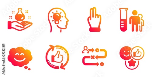 Click hand, Refresh like and Smile chat line icons set. Journey path, Idea head and Medical analyzes signs. Chemistry lab, Like symbols. Direction finger, Thumbs up counter. People set. Vector