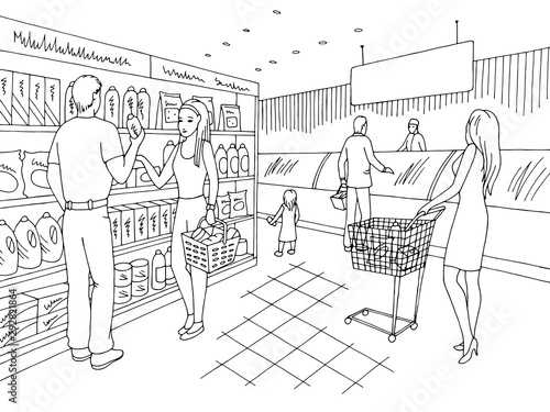 Grocery store shop interior black white graphic sketch illustration vector, people buying products