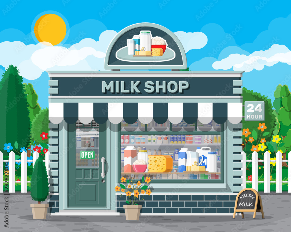 Dairy store or milk shop with signboard, awning. Store facade with  storefront. Farmer shop, showcase counter. Milk cheese yogurt butter sour  cream. Nature outdoor panorama. Flat vector illustration Stock Vector |  Adobe