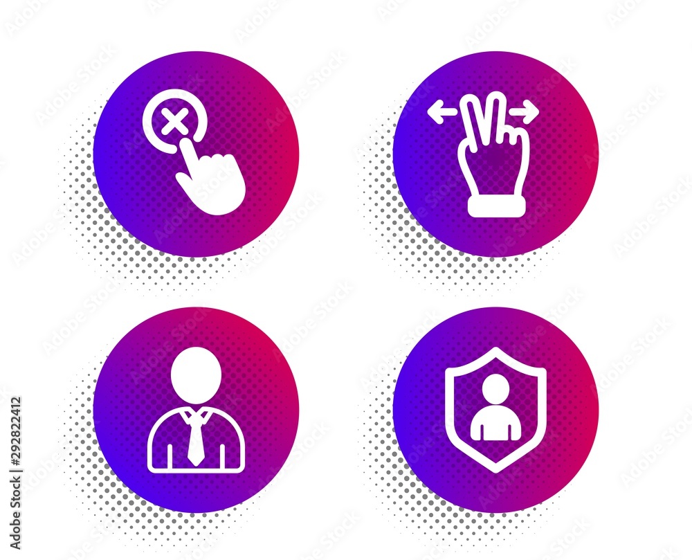 Touchscreen gesture, Reject click and Human icons simple set. Halftone dots button. Security sign. Swipe, Delete button, Person profile. Private protection. People set. Vector Touchscreen gesture, Reject click and Human icons simple set. Halftone dots button. Security sign. Swipe, Delete button, Person profile. Private protection. People set. Vector