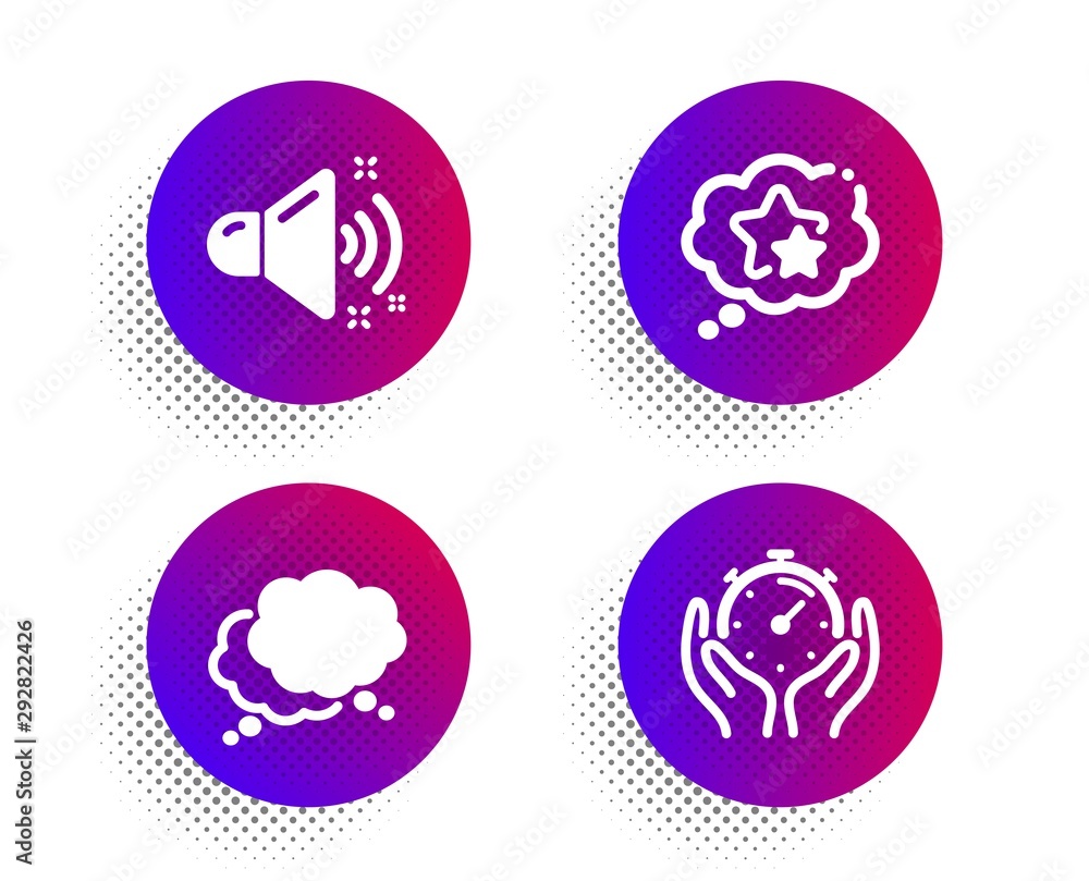 Loud sound, Ranking stars and Speech bubble icons simple set. Halftone dots button. Timer sign. Music, Winner award, Chat message. Deadline management. Education set. Vector
