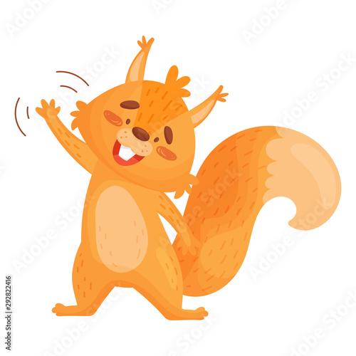 Vector Illustration Of Friendly Little Squirrel Waving Isolated On White Background.