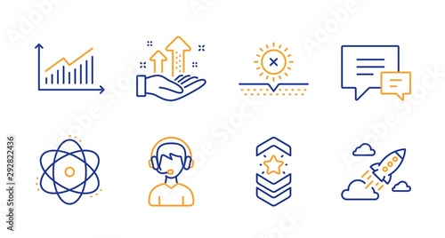 Graph, Shoulder strap and Atom line icons set. Analysis graph, No sun and Consultant signs. Comment, Startup rocket symbols. Presentation diagram, Star rank. Business set. Line graph icon. Vector