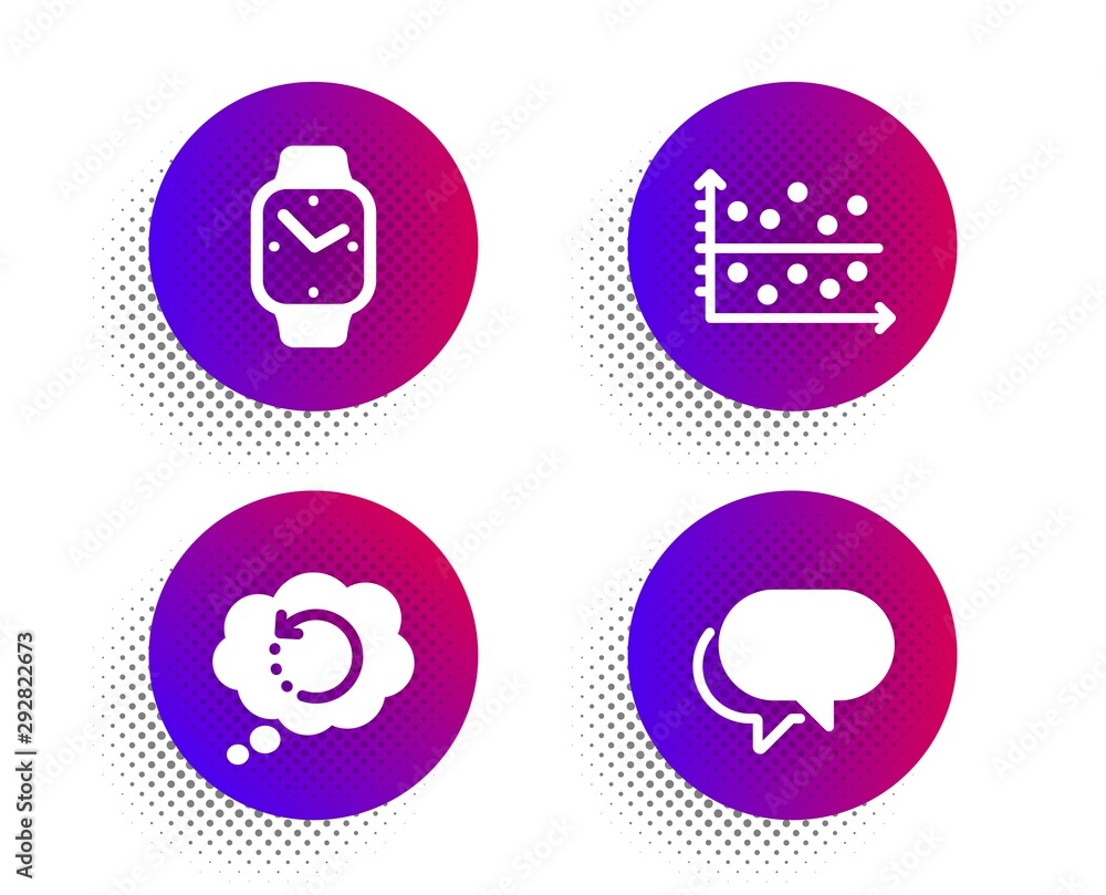 Recovery data, Dot plot and Smartwatch icons simple set. Halftone dots button. Talk bubble sign. Backup info, Presentation graph, Digital time. Chat message. Education set. Vector