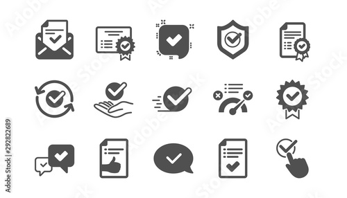 Approve icons. Checklist, Certificate and Award medal. Thumbs up certified document classic icon set. Quality set. Vector