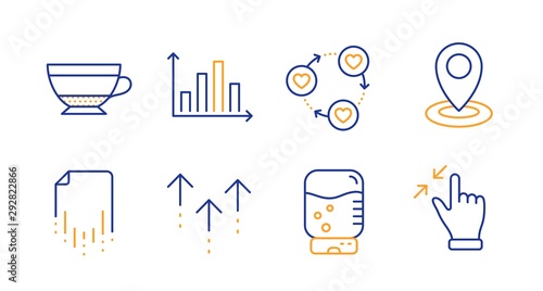 Diagram graph, Water cooler and Friends community line icons set. Dry cappuccino, Swipe up and Location signs. Recovery file, Touchscreen gesture symbols. Presentation chart, Office drink. Vector