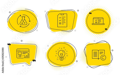 Web lectures, Idea and Copyright signs. Chat bubbles. Interview, Web report and Chemistry experiment line icons set. Checklist file, Graph chart, Laboratory flask. Online test. Science set. Vector