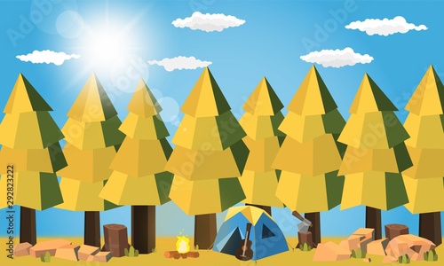 Camping area in forest summer camp Pine forest concept Night landscape  nature background vector design